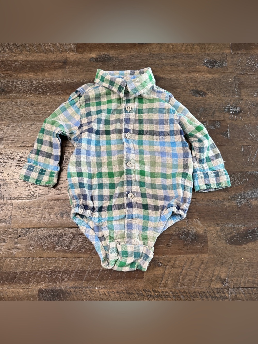 6-12m Baby Gap Boy Gray, Blue & Green Plaid Button-Front Long Sleeve Bodysuit